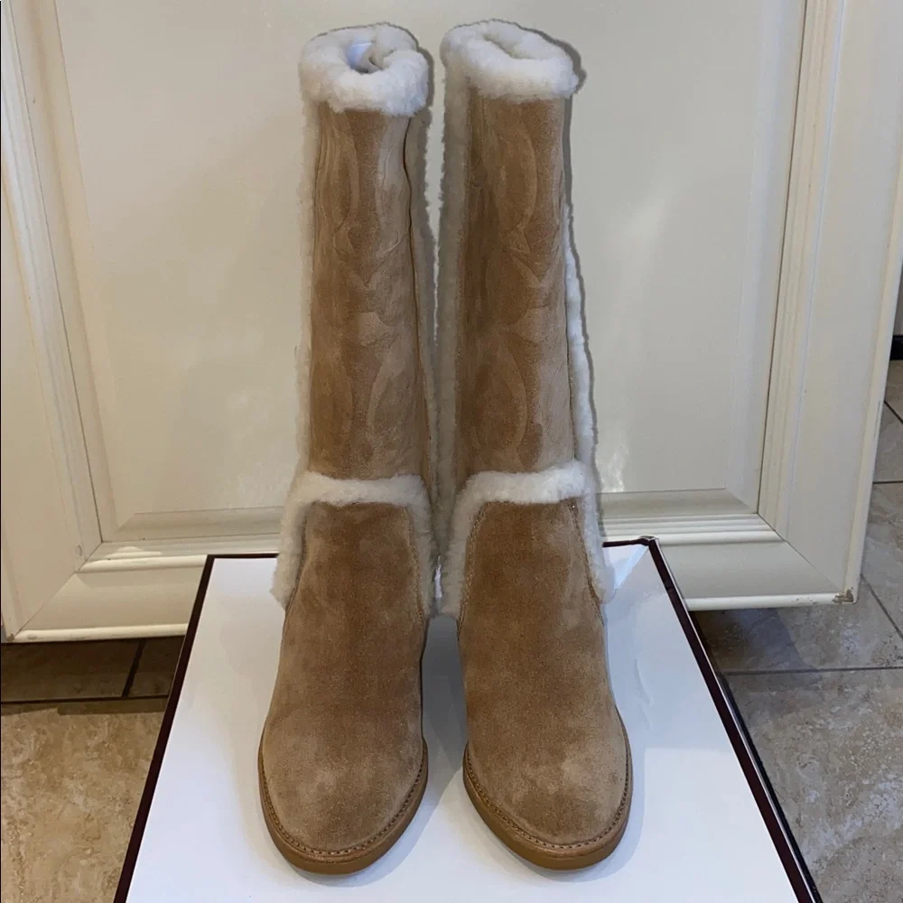 COACH Jordana Suede Shearling Trim Wedge Boots in Tan & Beige in Size 7 - Picture 3 of 15